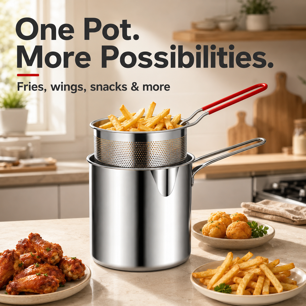 🔥Mini sada na smažení – 🍟Nádoba z nerezové oceli s vyjímatelným sítkem a naběračkou