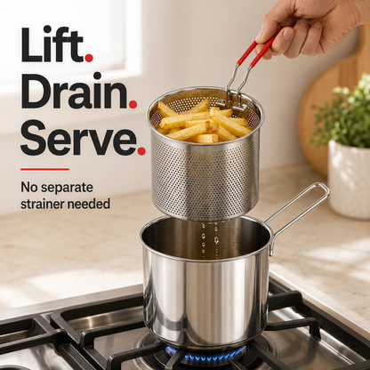 🔥Mini sada na smažení – 🍟Nádoba z nerezové oceli s vyjímatelným sítkem a naběračkou