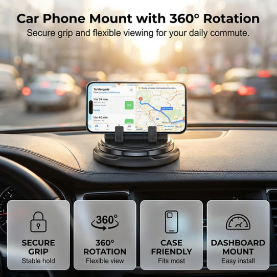 💥 Držák na mobilní telefon do auta s možností montáže na palubní desku s 360° otočením