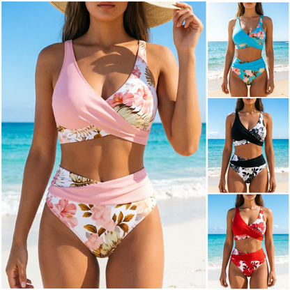 【🏖️EU S-XL】🌊👙Női virágmintás, magas derekú bikini szett