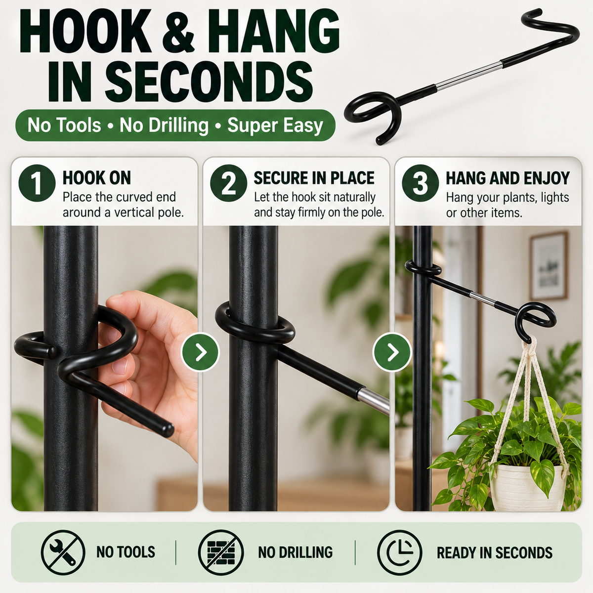 🌿 Závěsný háček na květináče No-Drill — zavěste více rostlin bez použití nářadí
