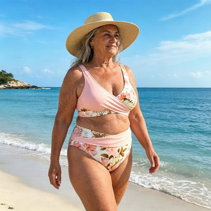 【🏖️EU S-XL】🌊👙Női virágmintás, magas derekú bikini szett