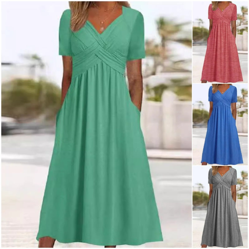 【S-3XL】👗Dámské dlouhé šaty s výstřihem do V a krátkými rukávy