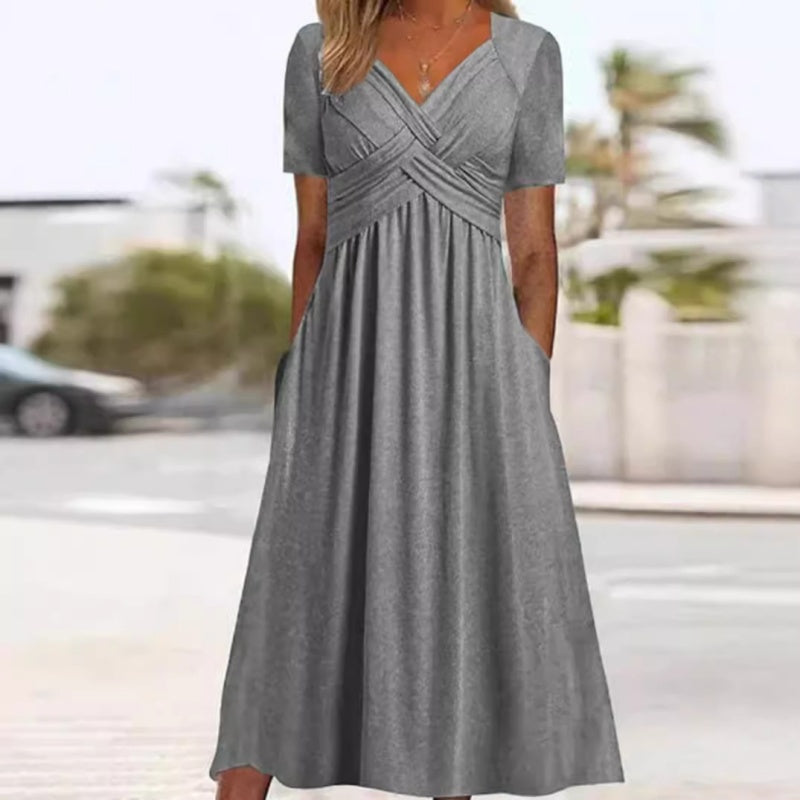 【S-3XL】👗Dámské dlouhé šaty s výstřihem do V a krátkými rukávy