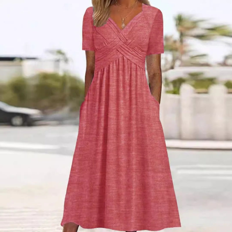 【S-3XL】👗Dámské dlouhé šaty s výstřihem do V a krátkými rukávy