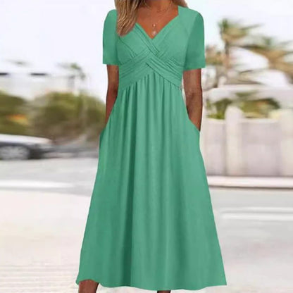 【S-3XL】👗Dámské dlouhé šaty s výstřihem do V a krátkými rukávy