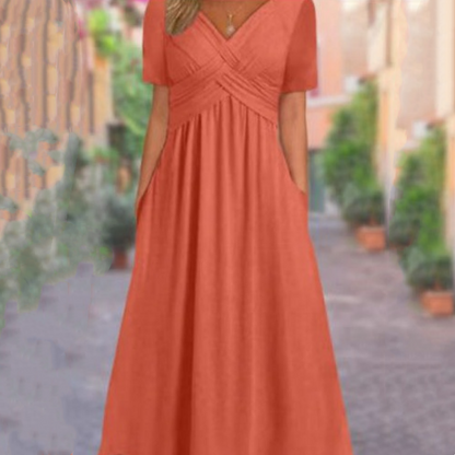 【S-3XL】👗Dámské dlouhé šaty s výstřihem do V a krátkými rukávy
