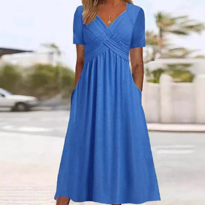 【S-3XL】👗Dámské dlouhé šaty s výstřihem do V a krátkými rukávy