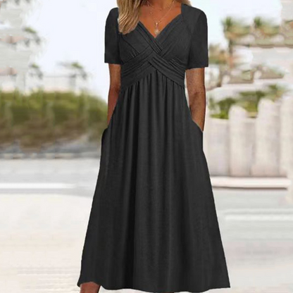 【S-3XL】👗Dámské dlouhé šaty s výstřihem do V a krátkými rukávy