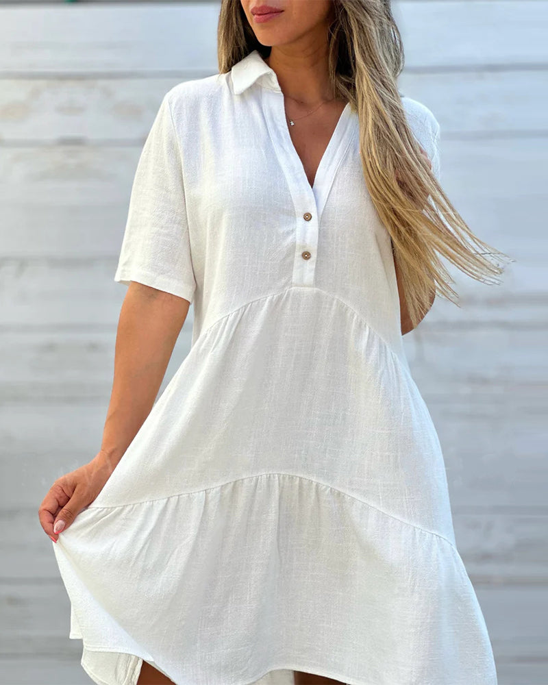 【M-4XL】💝Jednobarevné, pohodlné šaty s knoflíky a záhyby