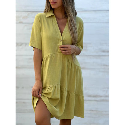 【M-4XL】💝Jednobarevné, pohodlné šaty s knoflíky a záhyby