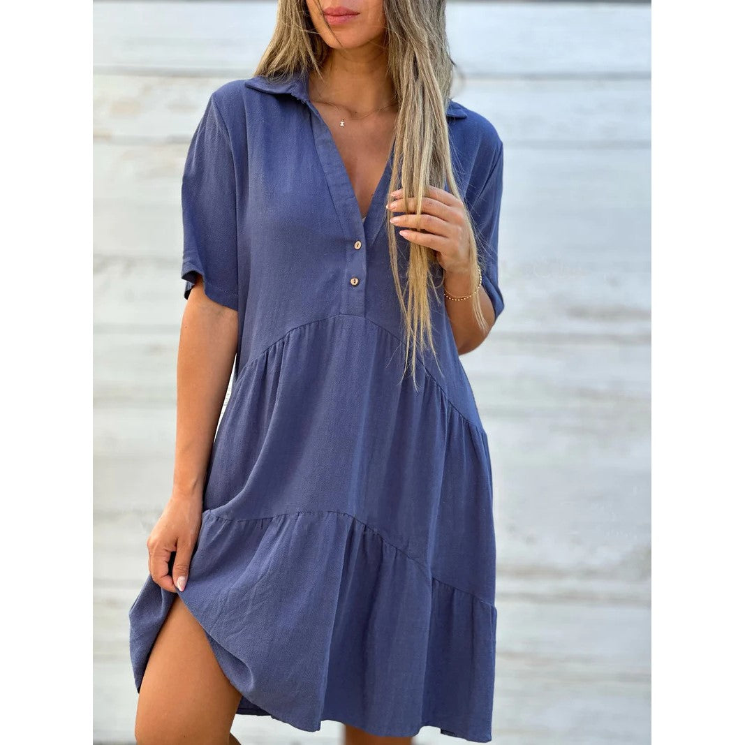 【M-4XL】💝Jednobarevné, pohodlné šaty s knoflíky a záhyby