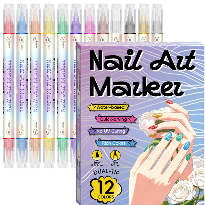 【🔥1 sada 12 barev】💅🎨Dvoustranná sada fixů na zdobení nehtů