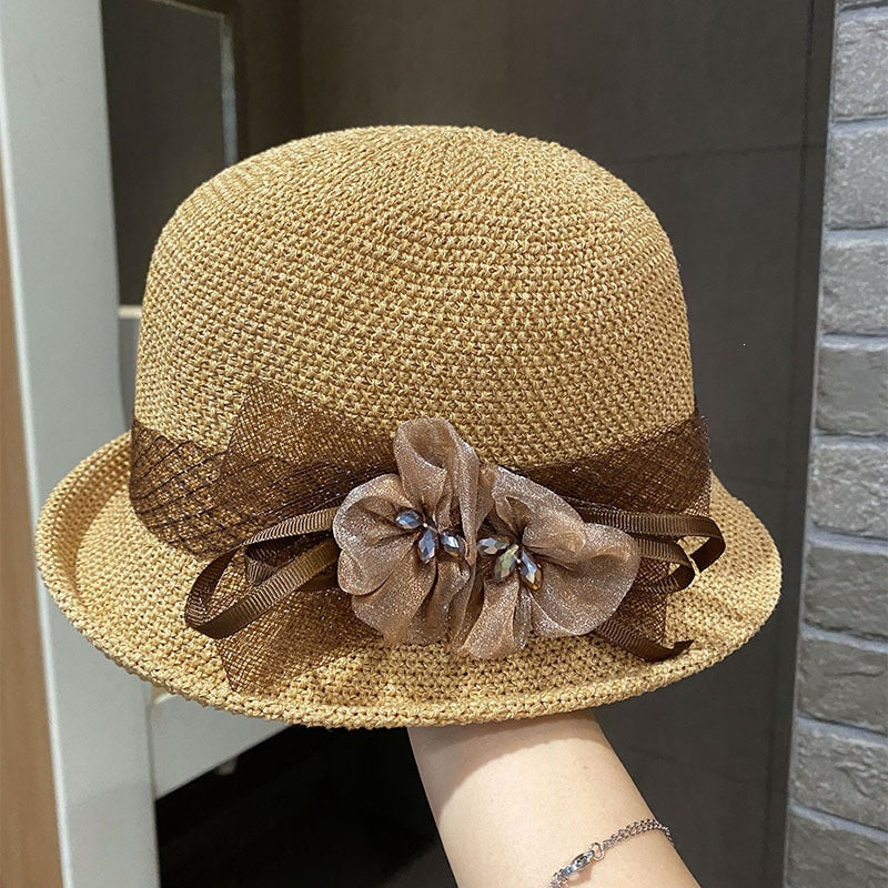 🌸👒Letní dámský klobouk s pletenými květinami, skládací