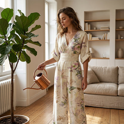 【S-3XL】🌺Elegantní dámský kombinéza s potiskem a výstřihem do V