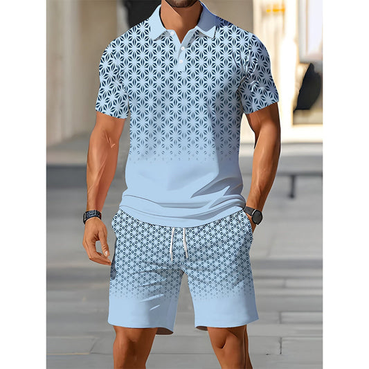 【💠S-5XL】👔Pánská souprava s geometrickým vzorem, s tričkem s vyklopeným límečkem a kraťasy