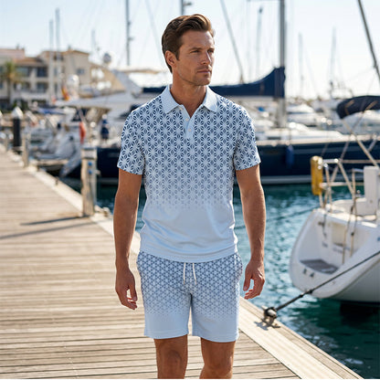 【💠S-5XL】👔Pánská souprava s geometrickým vzorem, s tričkem s vyklopeným límečkem a kraťasy