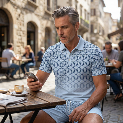 【💠S-5XL】👔Pánská souprava s geometrickým vzorem, s tričkem s vyklopeným límečkem a kraťasy