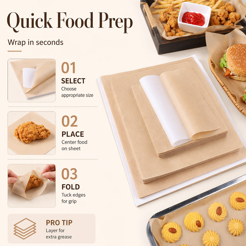 🍟Papírové listy odolné proti tuku v potravinářské kvalitě pro pečení a smažené pokrmy
